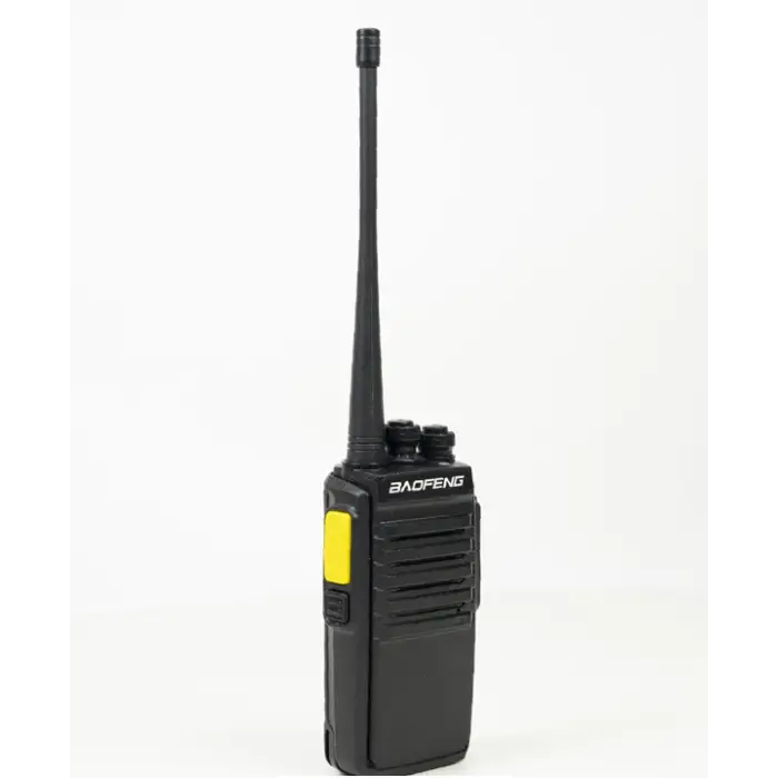 Black handheld two-way radio.