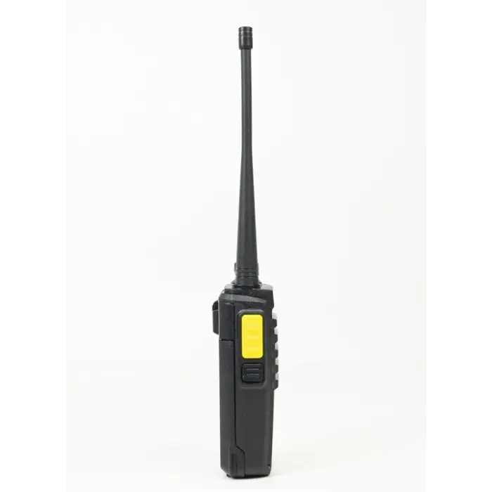 Black walkie-talkie with yellow button.