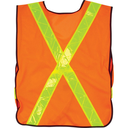 Orange high-visibility safety vest with reflective X-shaped straps.
