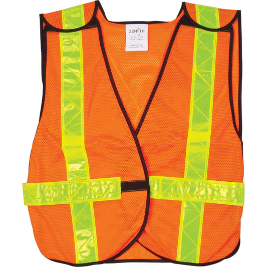 An orange mesh safety vest with reflective yellow-green stripes and black trim.