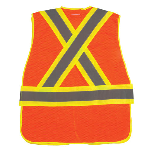 Orange high-visibility safety vest with reflective X-pattern and waist band.