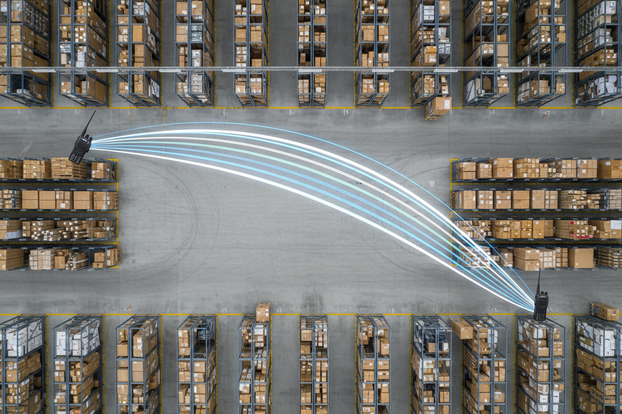 top down view of a warehouse with walkie talkies in either corner talking to each other