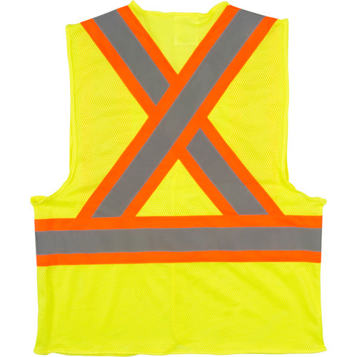 Yellow high-visibility safety vest with reflective X-pattern and horizontal stripe.
