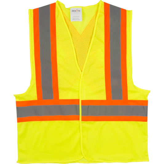 Yellow safety vest with reflective grey and orange stripes.