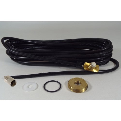 Black cable with brass fittings and washers.