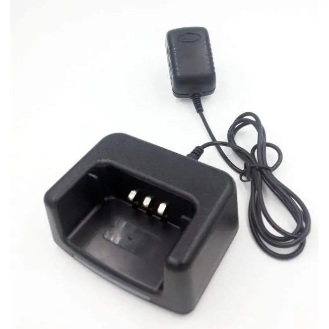 Black two-way radio charger with power adapter.