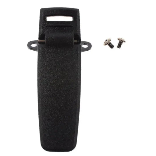 Black plastic belt clip with screws.