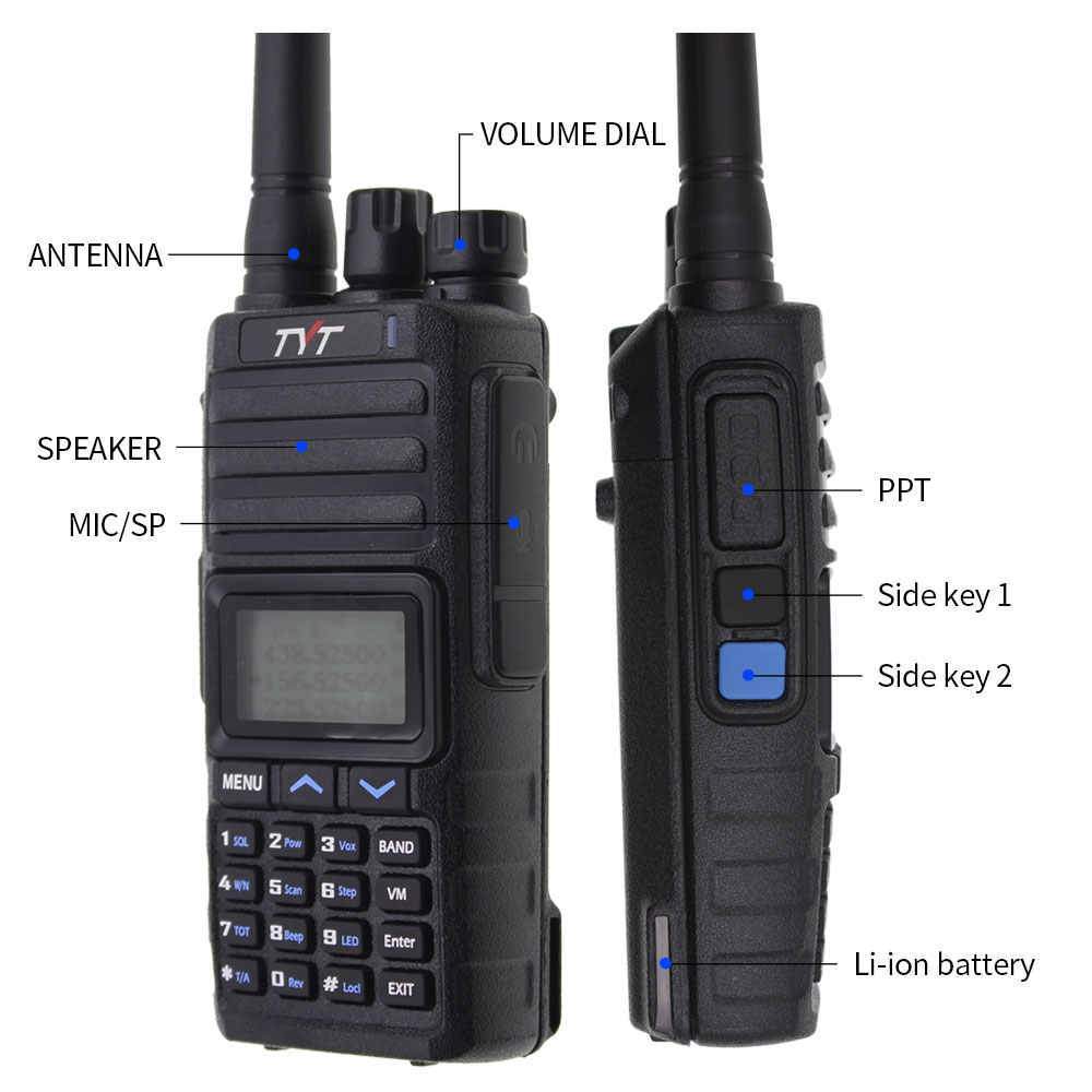A black handheld two-way radio with a display, keypad, and various labeled controls.