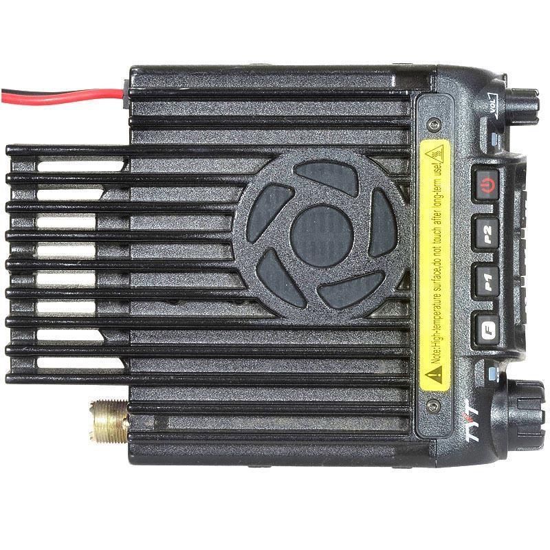 Black two-way radio with a heat sink and cooling fan