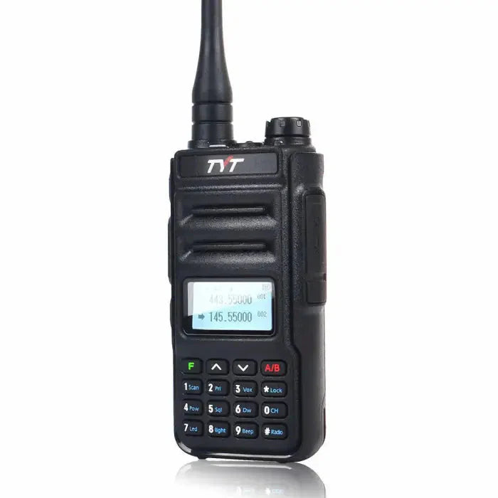 Black handheld walkie-talkie with a display and keypad.
