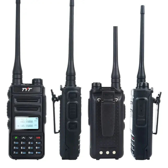 Four views of a black handheld two-way radio with an antenna and a keypad.