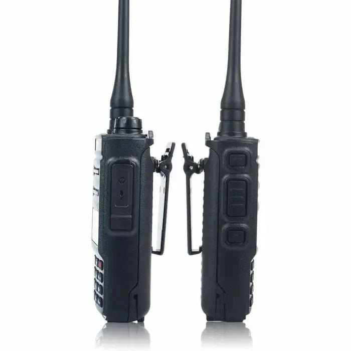 Two-way radio transceivers with antennas and belt clips.