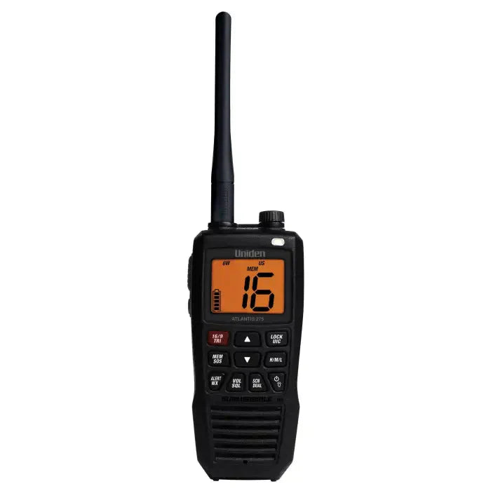 Black handheld marine radio.