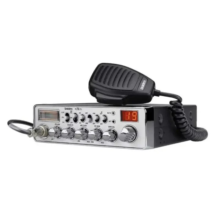 Chrome CB radio with microphone.