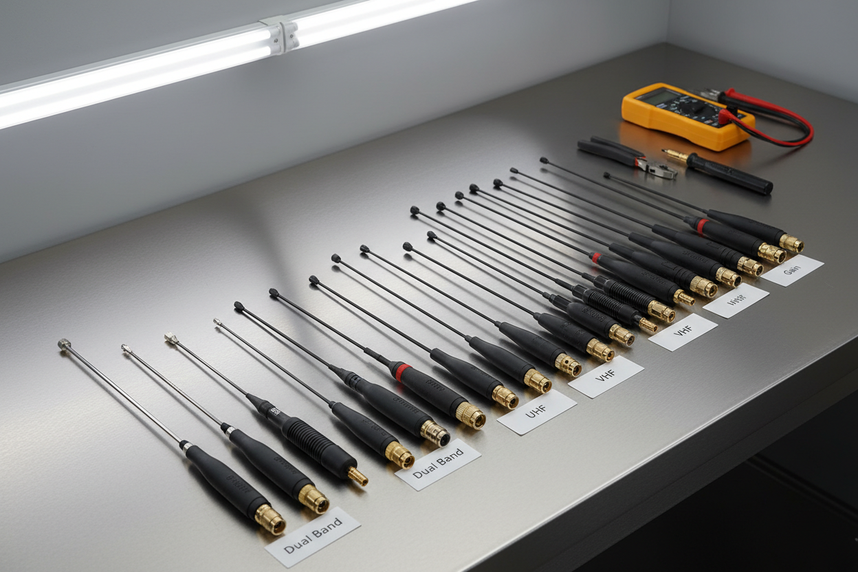 walkie talkie antennas on a workbench