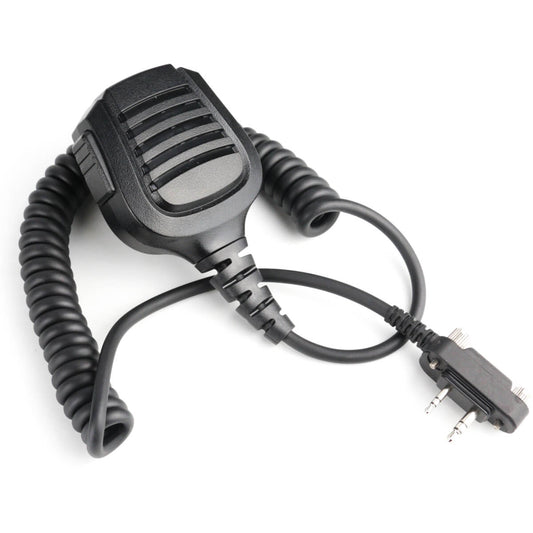 Black coiled corded microphone with grille design and ptt switch, compatible with kenwood radios.