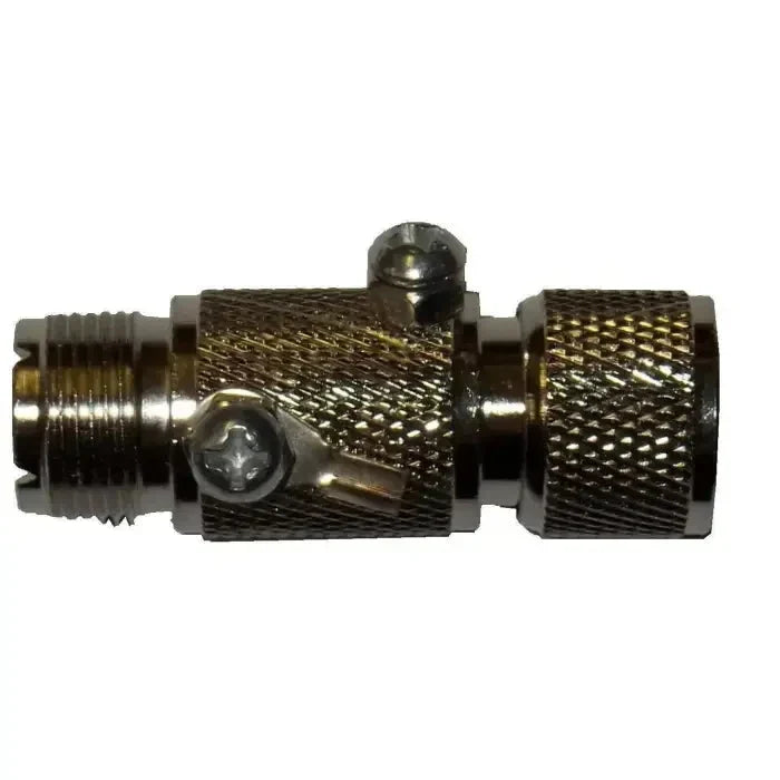 Metal coaxial cable connector with adjustment screws.