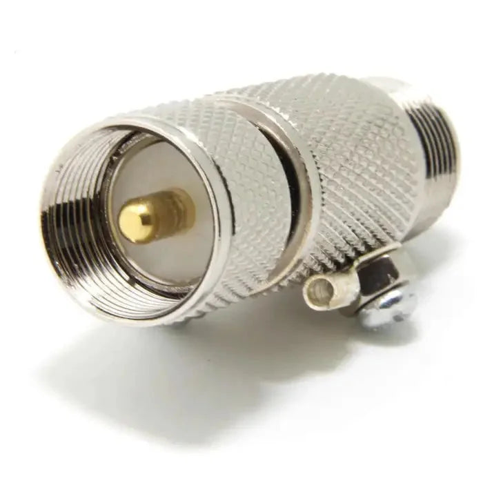 Silver coaxial cable connector.