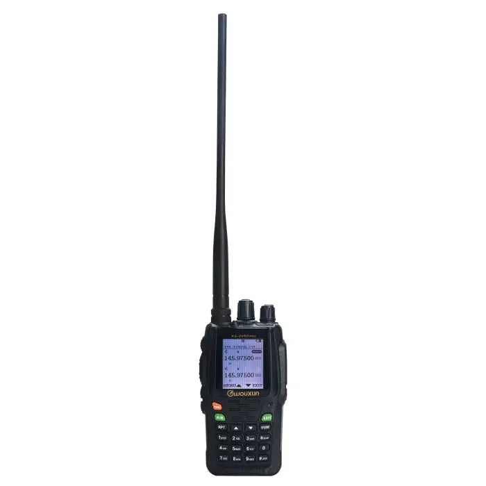 Black handheld two-way radio.