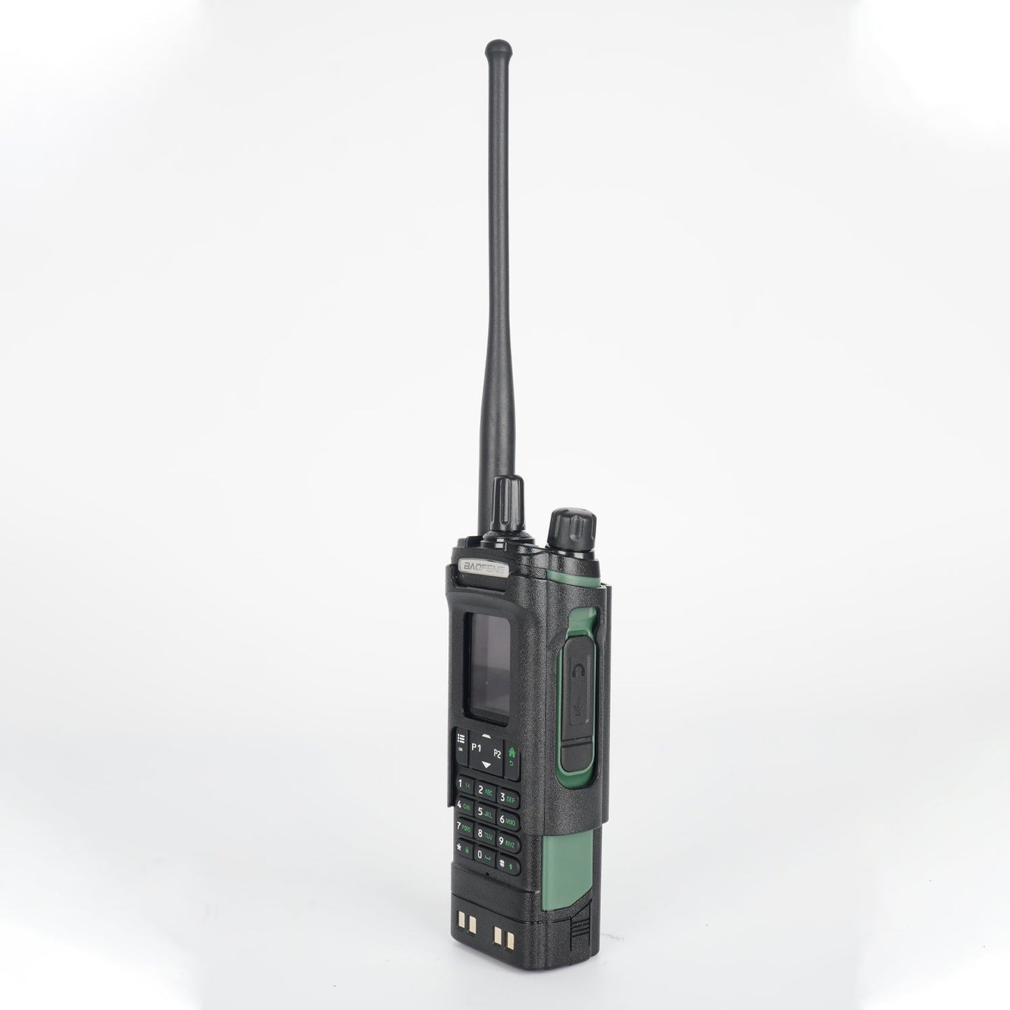Black walkie-talkie with green accents and antenna