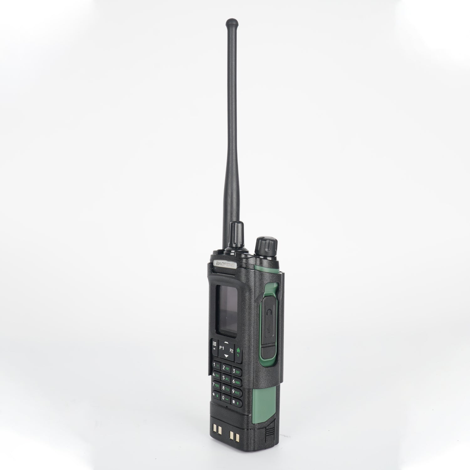 Black walkie-talkie with green accents and antenna