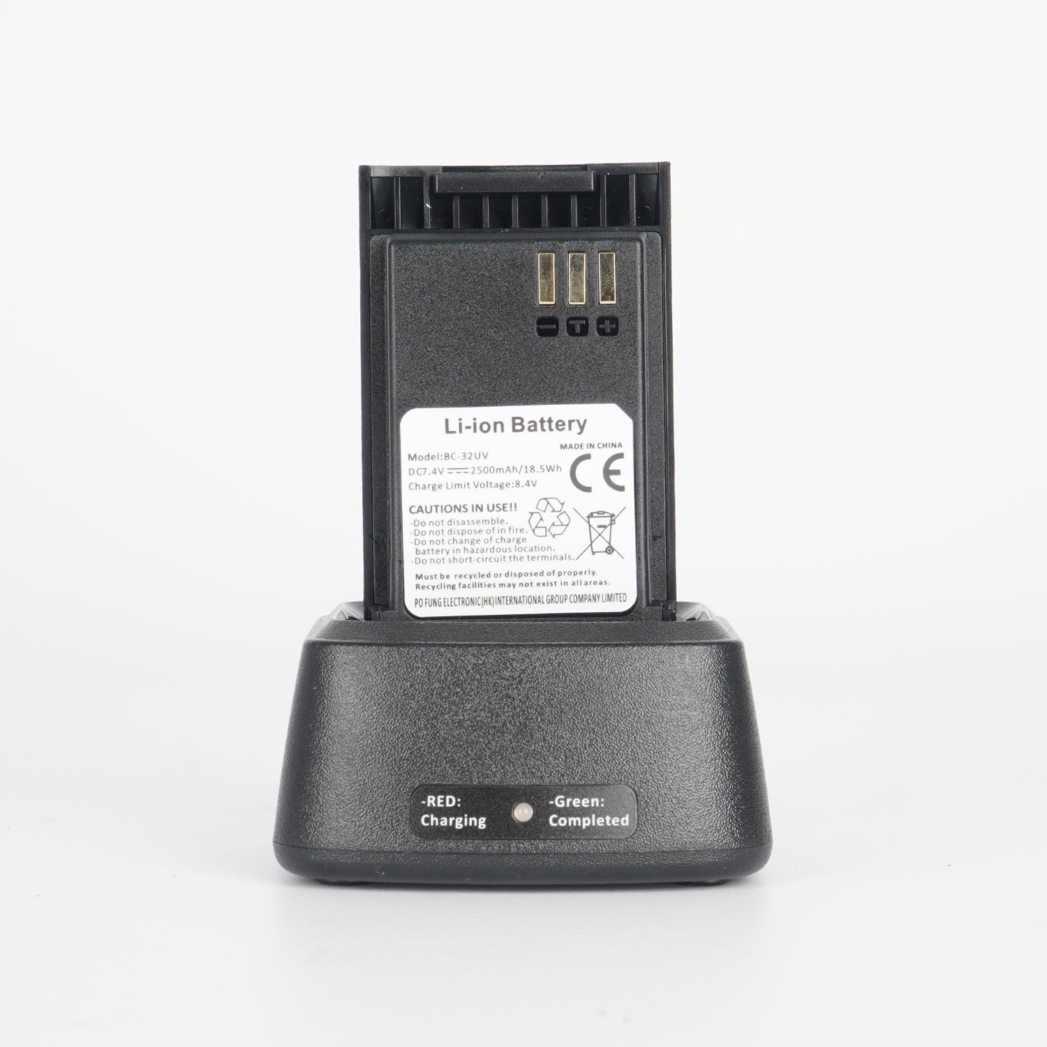 Black lithium-ion battery charger with dual usb ports and led indicators for charging status.