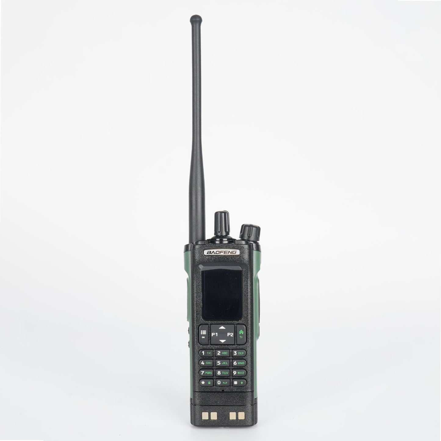 Black and green rugged walkie-talkie with antenna