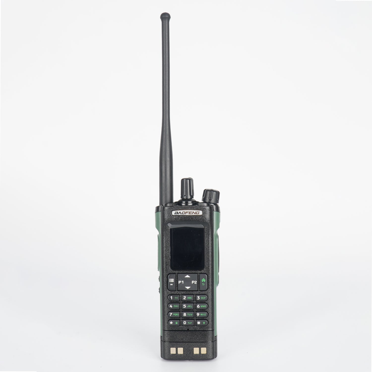 Black and green rugged walkie-talkie with antenna