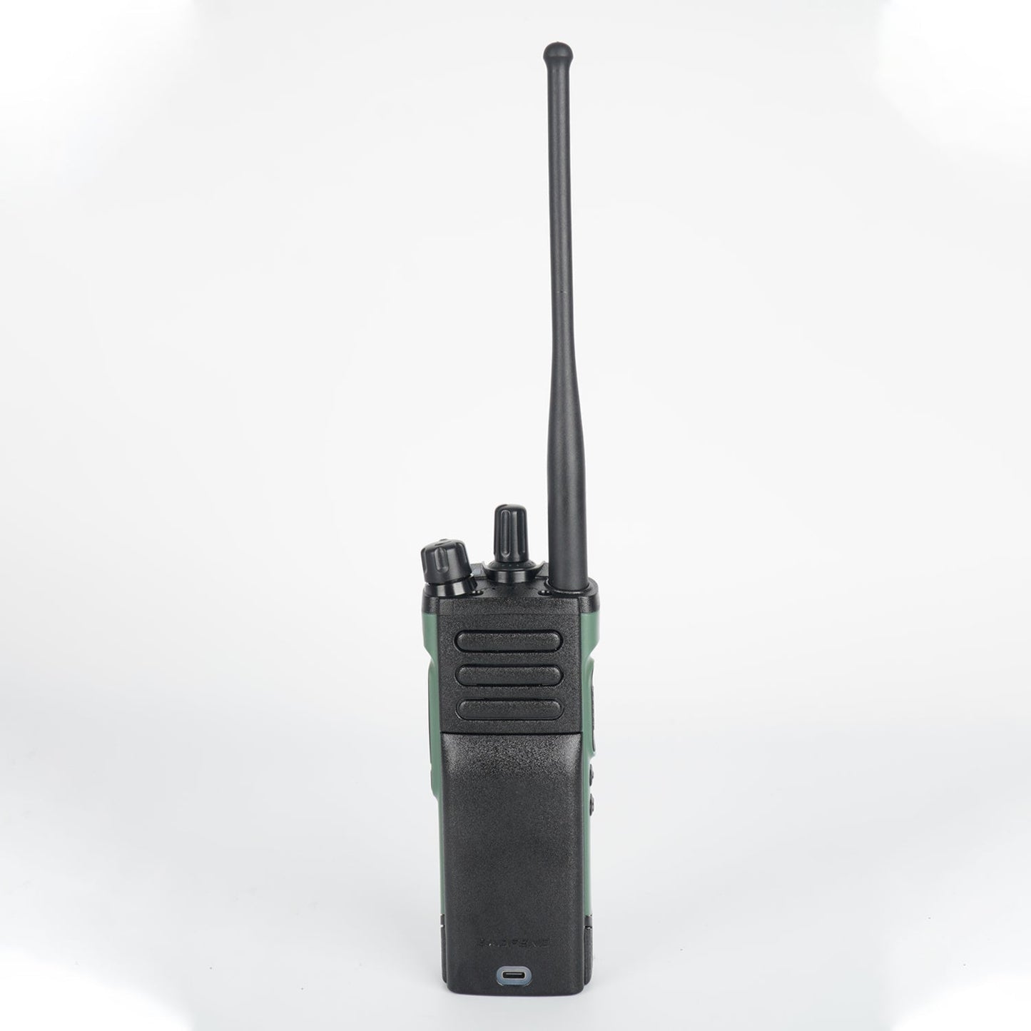 Green walkie-talkie with black accents and antenna, likely a motorola model.