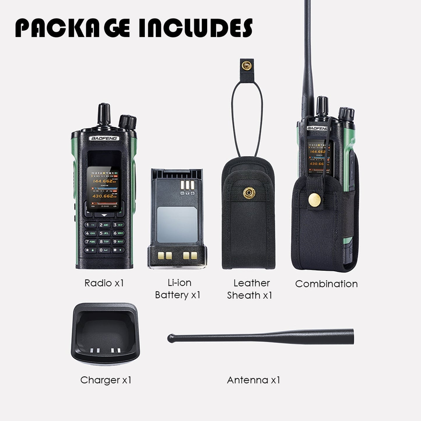 Green and black walkie-talkie with leather sheath, antenna, charger, battery, combination pack.