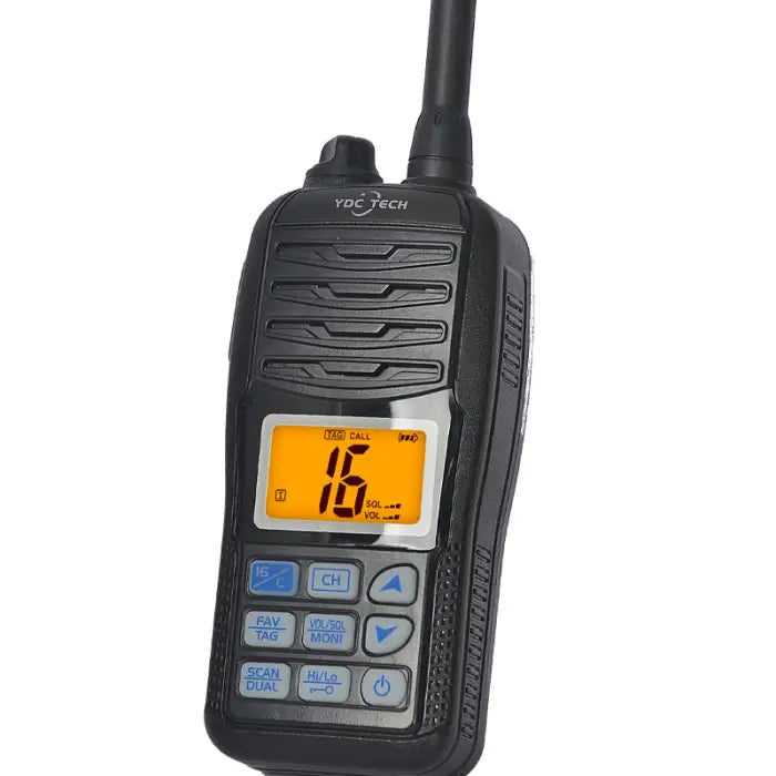 Black handheld marine VHF radio with an orange backlit display