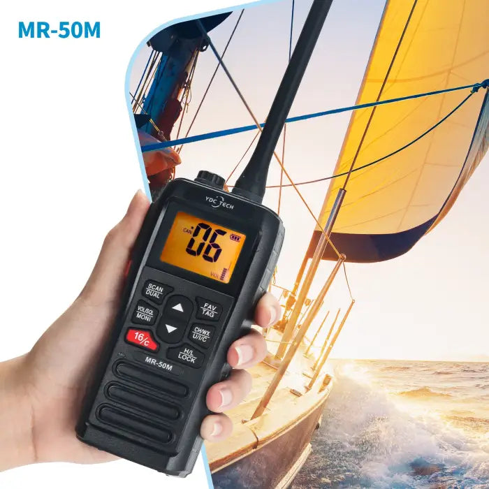 Black handheld marine VHF radio with an orange backlit display.