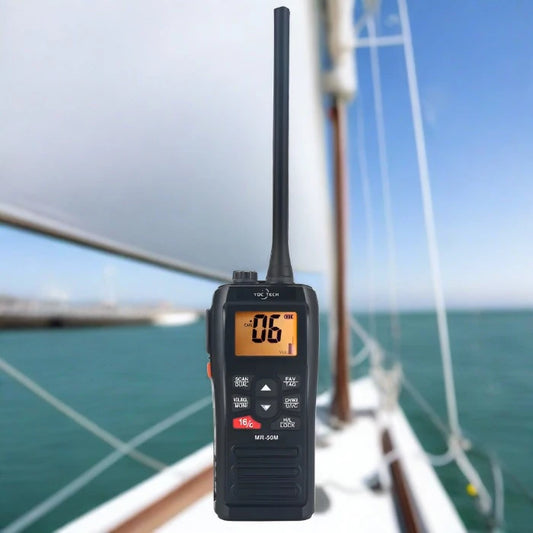 Black marine handheld VHF radio with an orange backlit display.