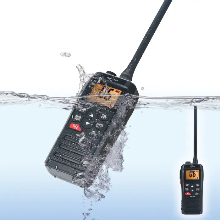 A black, waterproof handheld marine radio with an antenna and an orange digital display.
