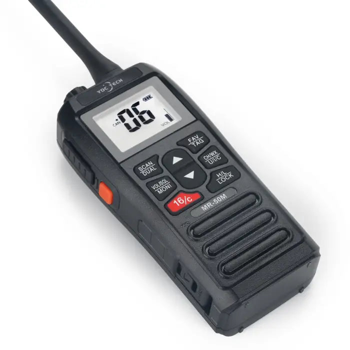 Black handheld marine VHF radio with an antenna and a digital display.