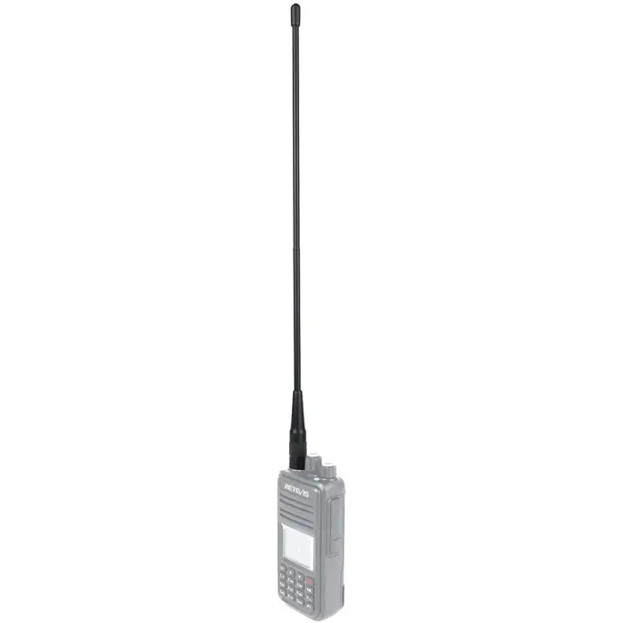 Gray handheld radio with antenna.