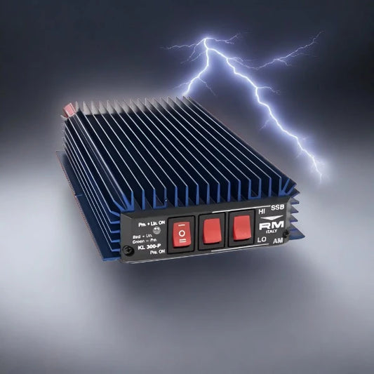Blue metal amplifier with switches.