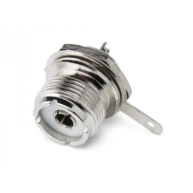 Silver-colored coaxial connector with mounting tabs.