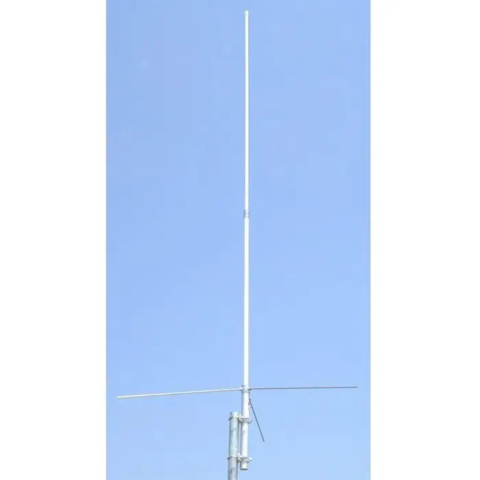 Vertical antenna with a horizontal crossbar mounted on a metal pole.