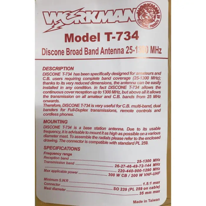 Workman Electronics T734 Discone Multiband CB / 10M / 6M