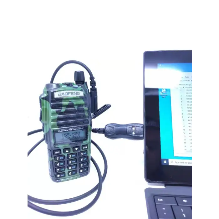 Camouflage two-way radio connected to a laptop.